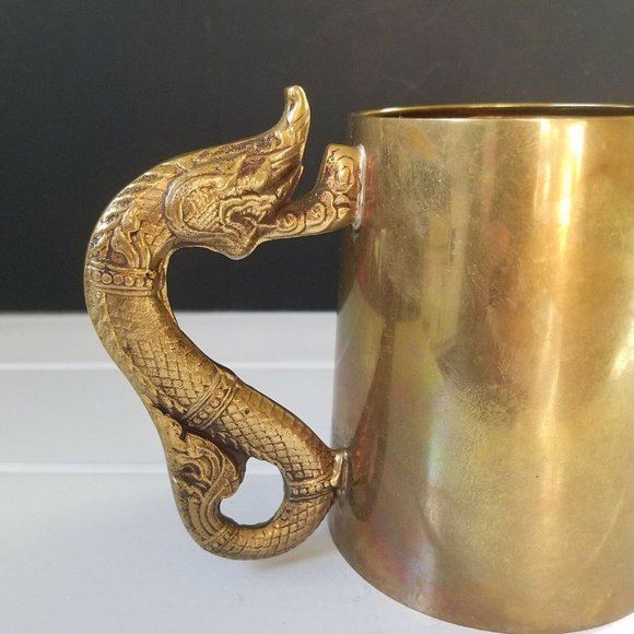 Vintage Brass Beer Tankard Stein Mug with Dragon Serpent Handle - Picture 4 of 9